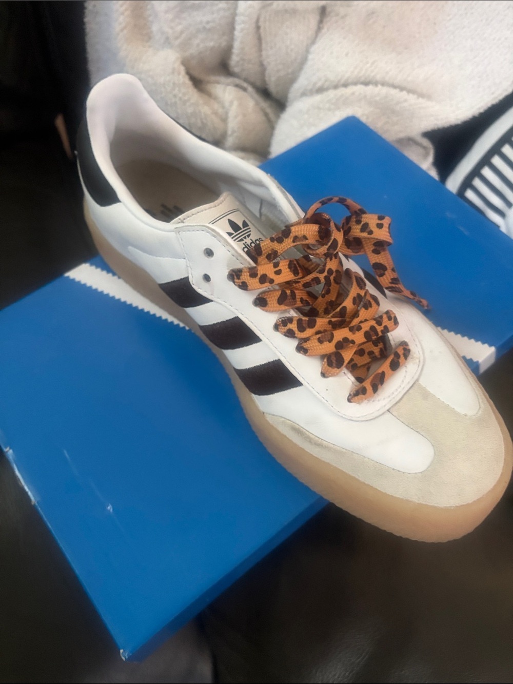 adidas Ladies Adidas Sambae White Sneakers with Black Stripes and Tan Gum Sole
